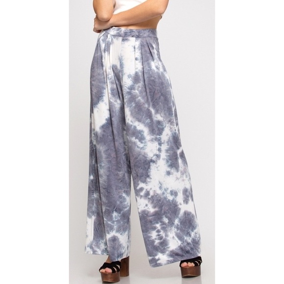 Wide Leg Pants Womens Size S Casual Pants Stretch tie dye Gray White NWT beach - Picture 3 of 12